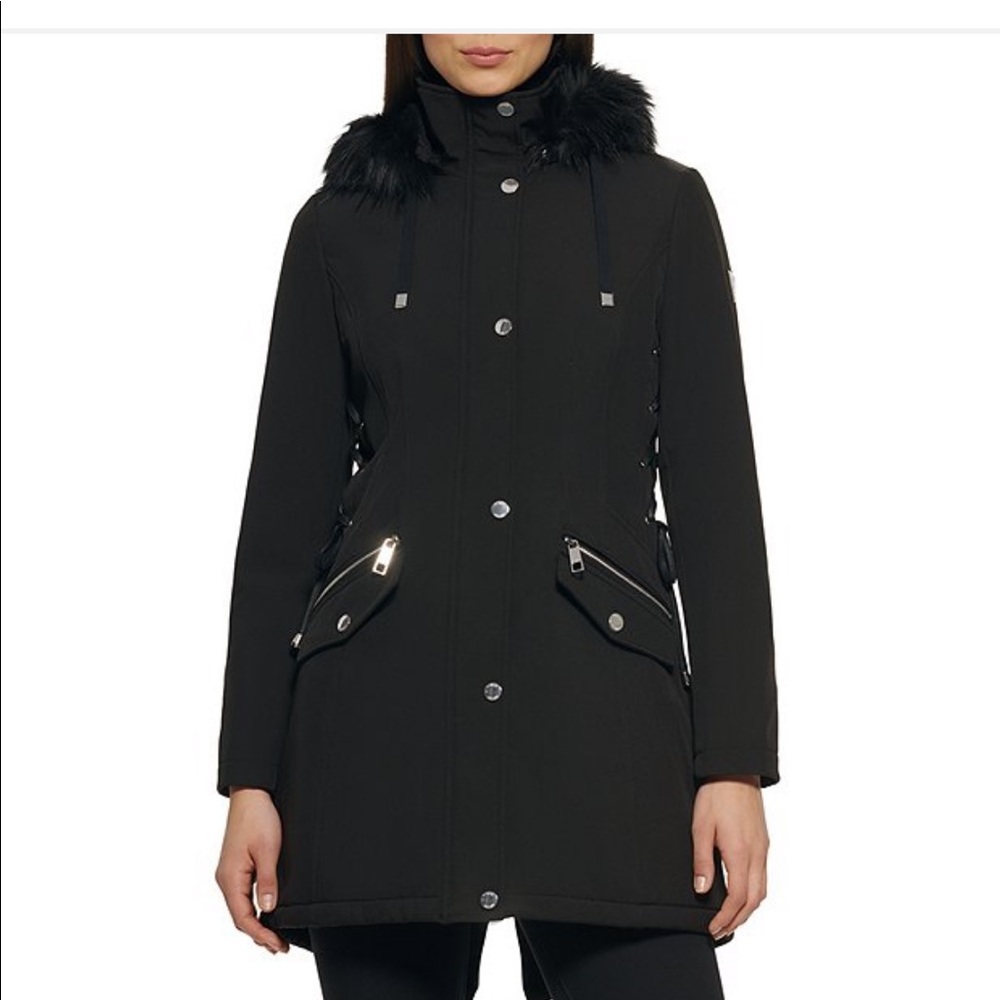 Guess Single Breasted Water Resistant Faux Fur Trim Hooded Parka Coat